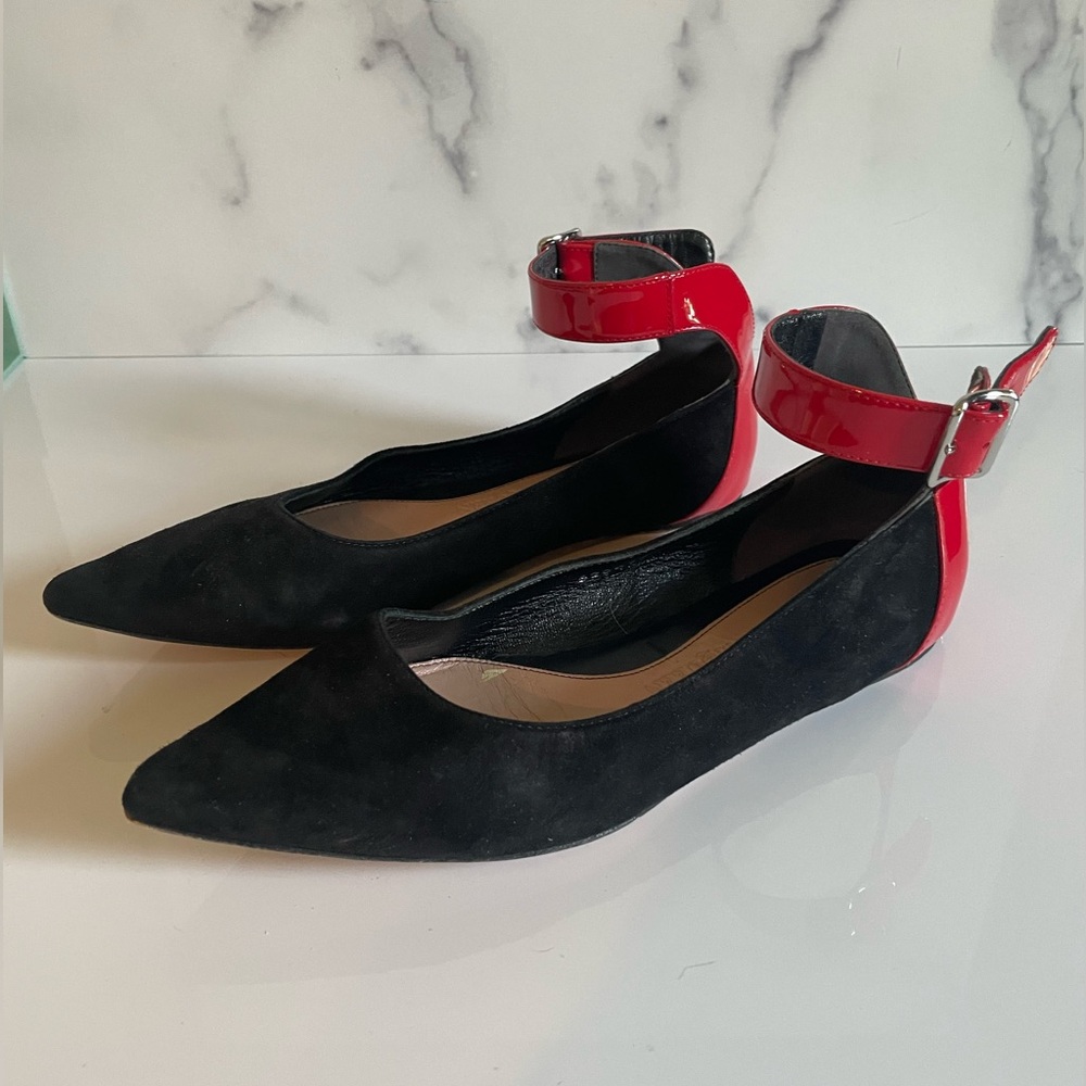 Alexander McQueen Black Suede and Red Patent Detail Flats, Size 36.5